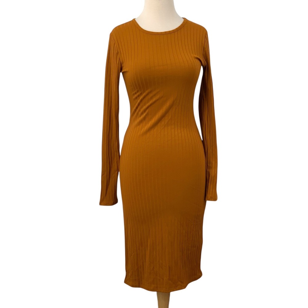 NWT Forever 21 Women's Long Sleeve Ribbed Bodycon Midi Dress Casual Marigold M‎